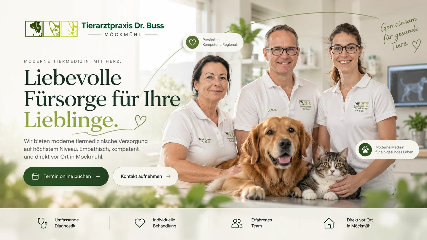 Startseite Tierarztpraxis Dr. Buss: Team mit Hund und Katze